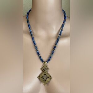 26 inch Lapis Lazuli Gemstone and brass bead necklace NWOT